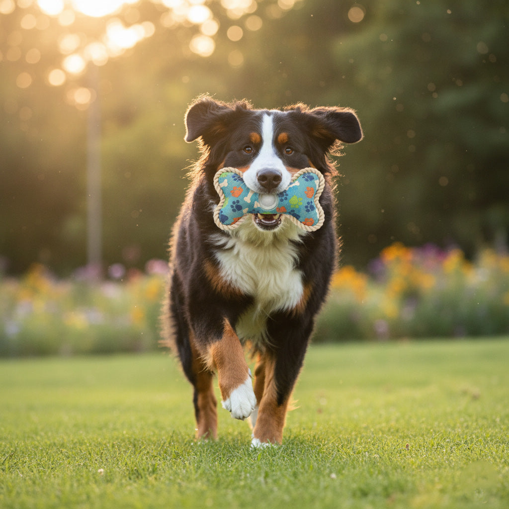 Dog running on grass with a colorful bone-shaped toy in its mouth, set against a blurred natural background.