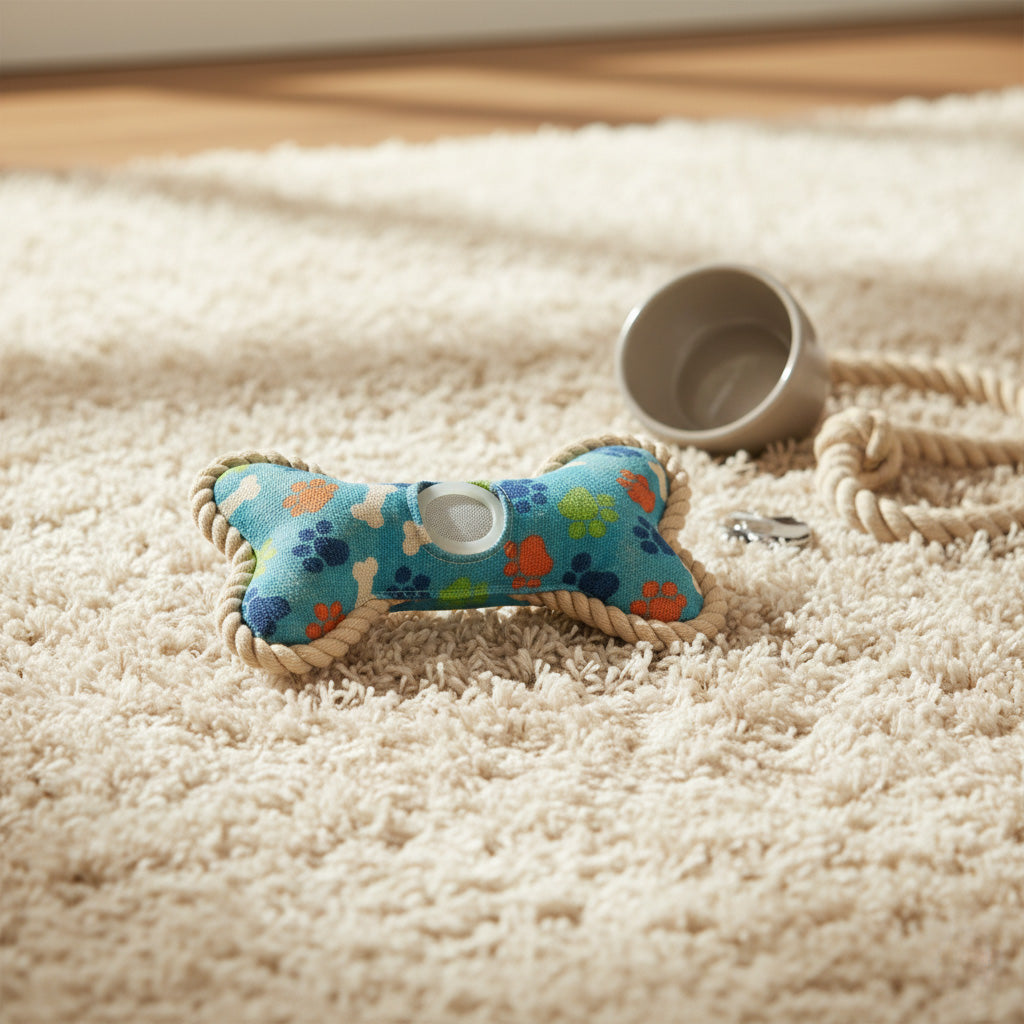 Dog bone-shaped toy with colorful paw prints on a carpeted floor.