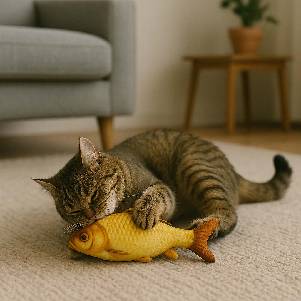 Cat playing with a yellow fish-shaped toy on a carpeted floor.