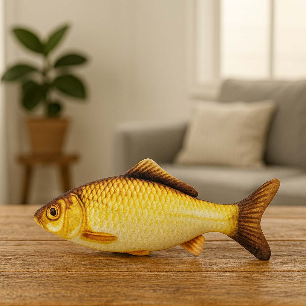 Decorative fish on a wooden surface with a blurred indoor background