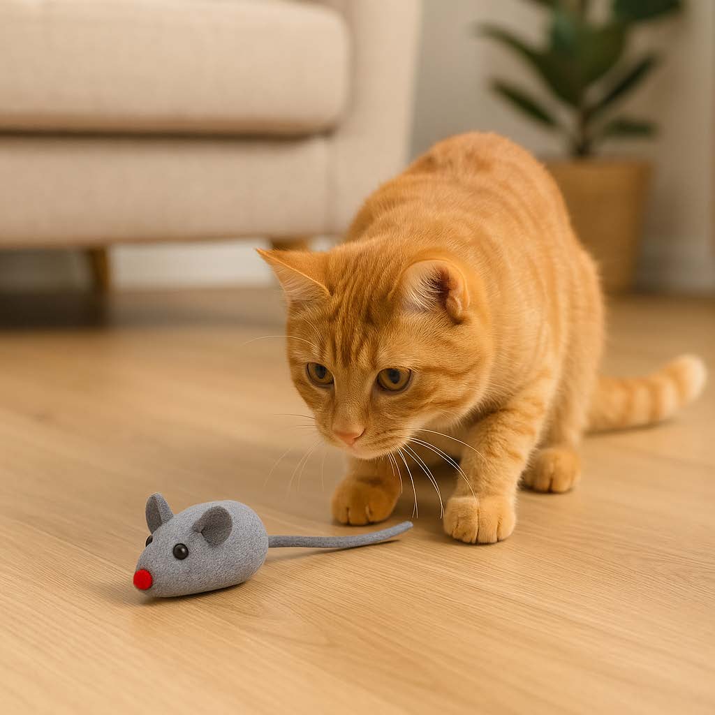 Orange cat playing with a gray mouse toy on a wooden floor.