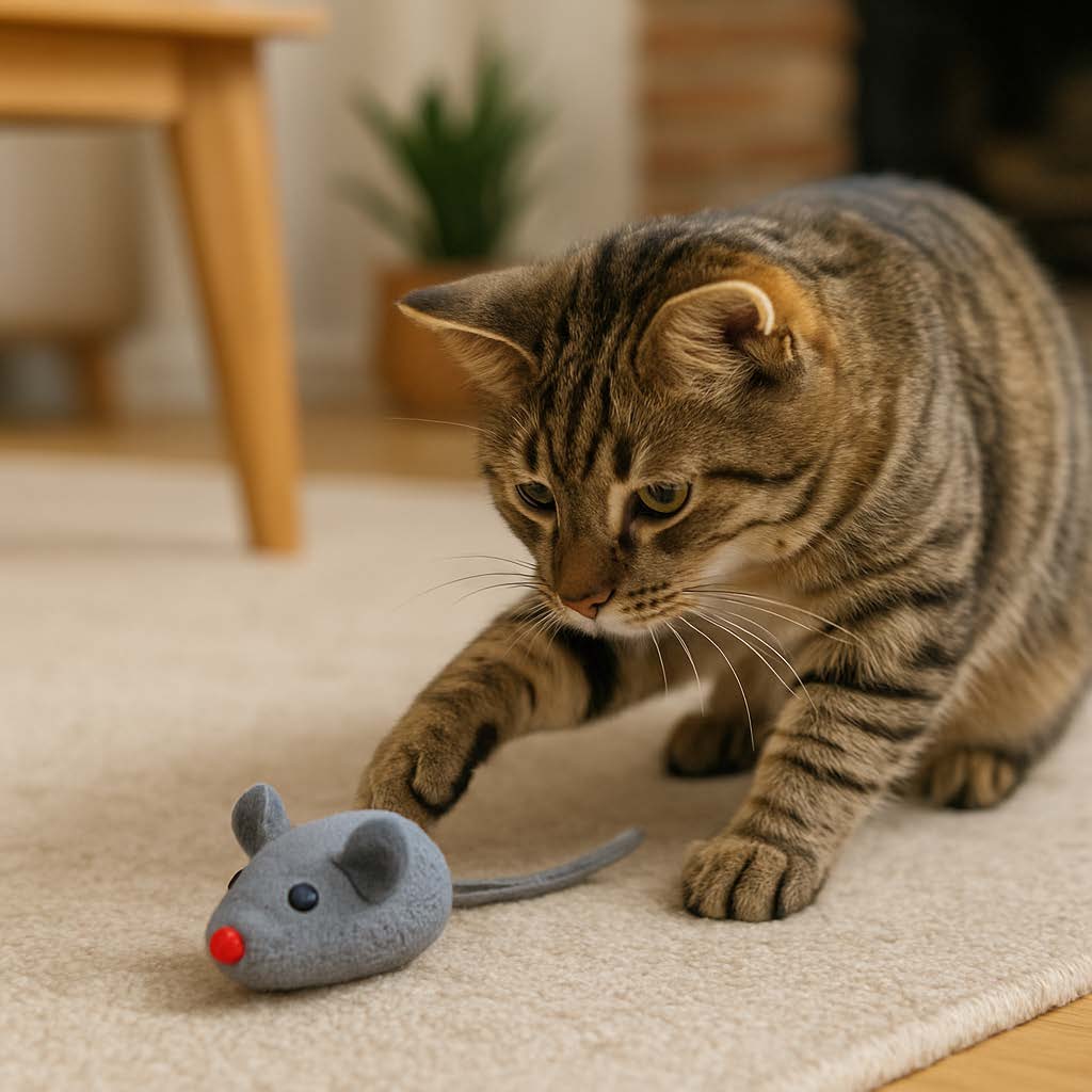 Tabby cat playing with a toy mouse on a carpeted floor.