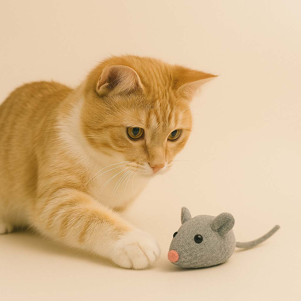 Cat playing with a gray mouse-shaped toy on a beige background