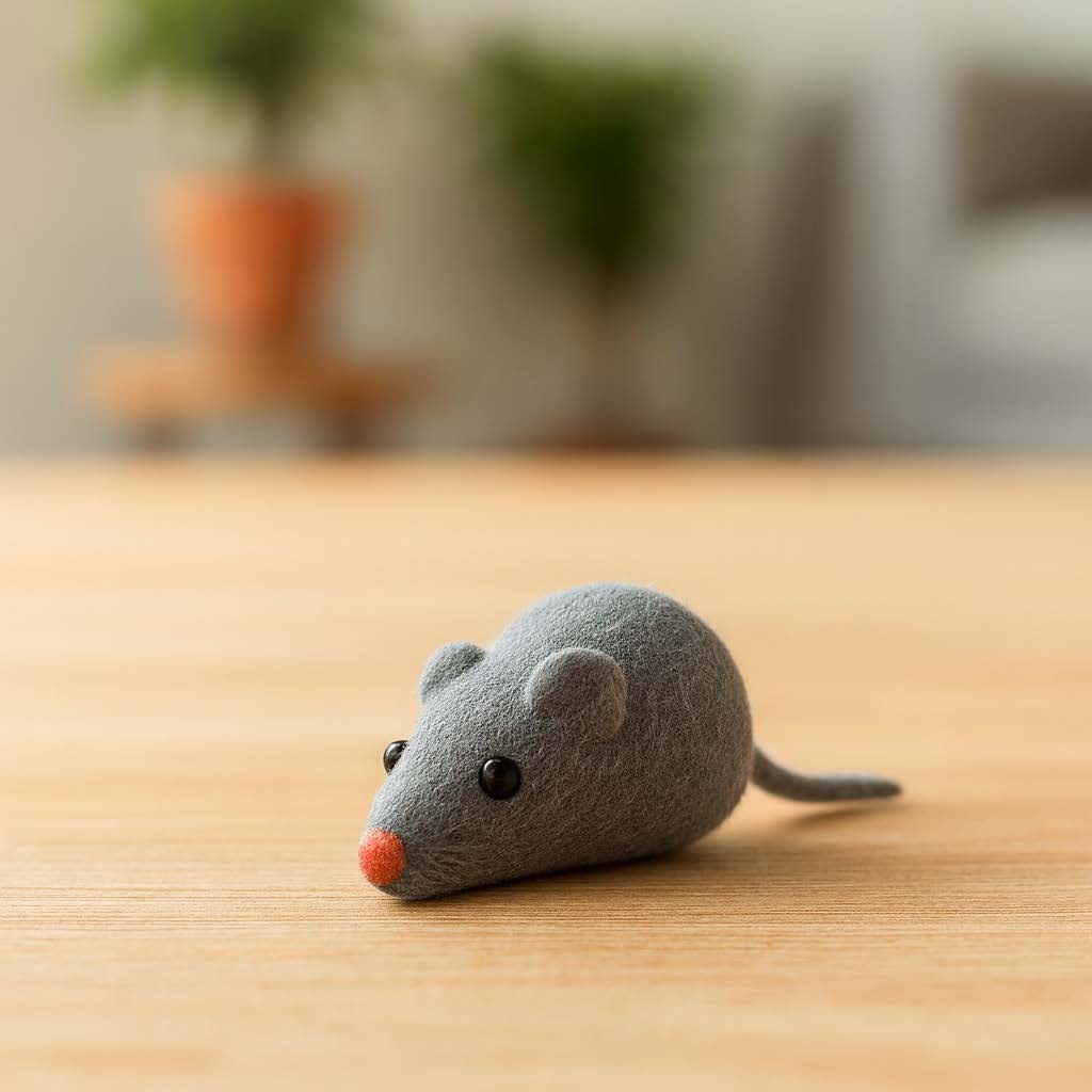 Gray toy mouse with a red nose on a wooden surface