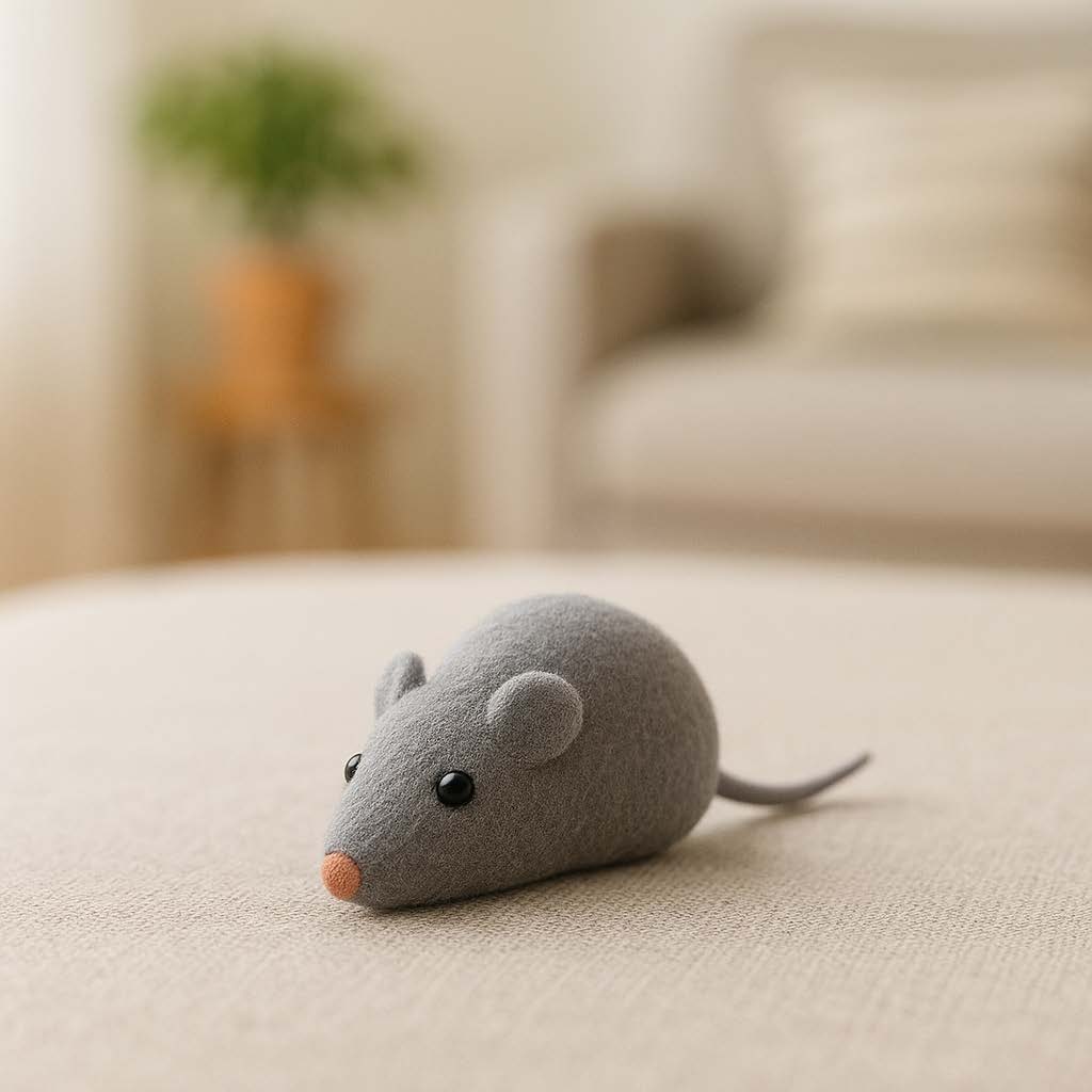 Gray toy mouse on a beige surface with a blurred background