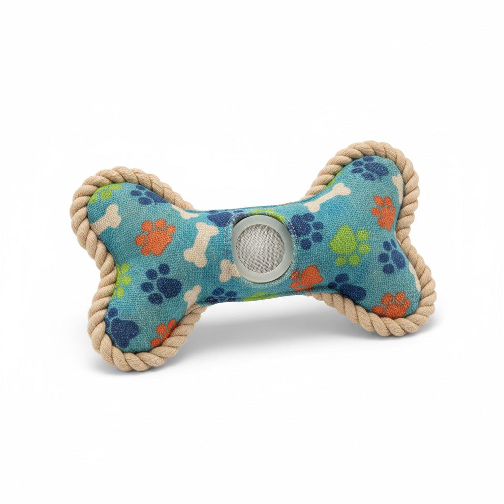 Dog toy with bone shape and colorful paw prints on a blue background