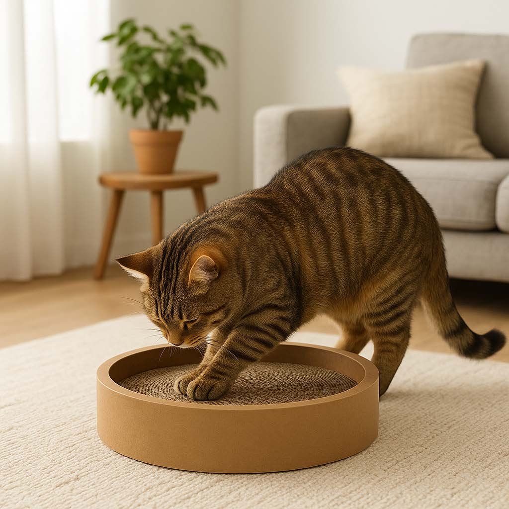 Cat using a round cat scratcher in a cozy living room.