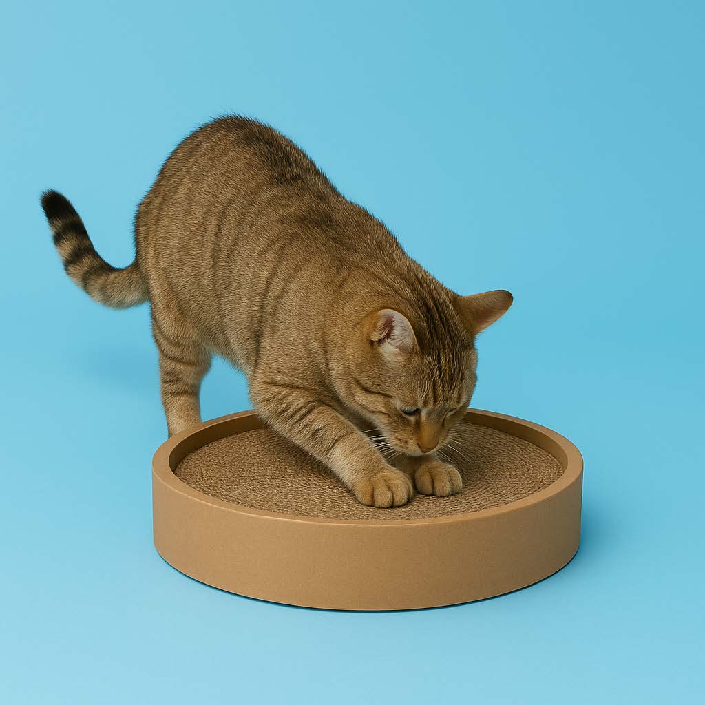 Cat using a round cat scratcher on a blue background