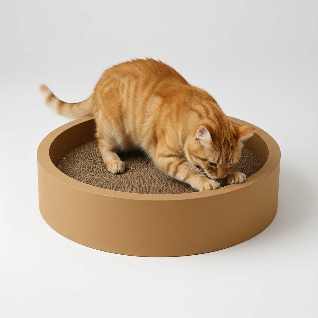 Cat using a round beige scratcher on a white background