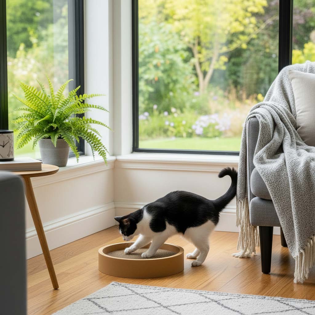 Cat playing with a cardboard tube in a cozy living room with a large window.