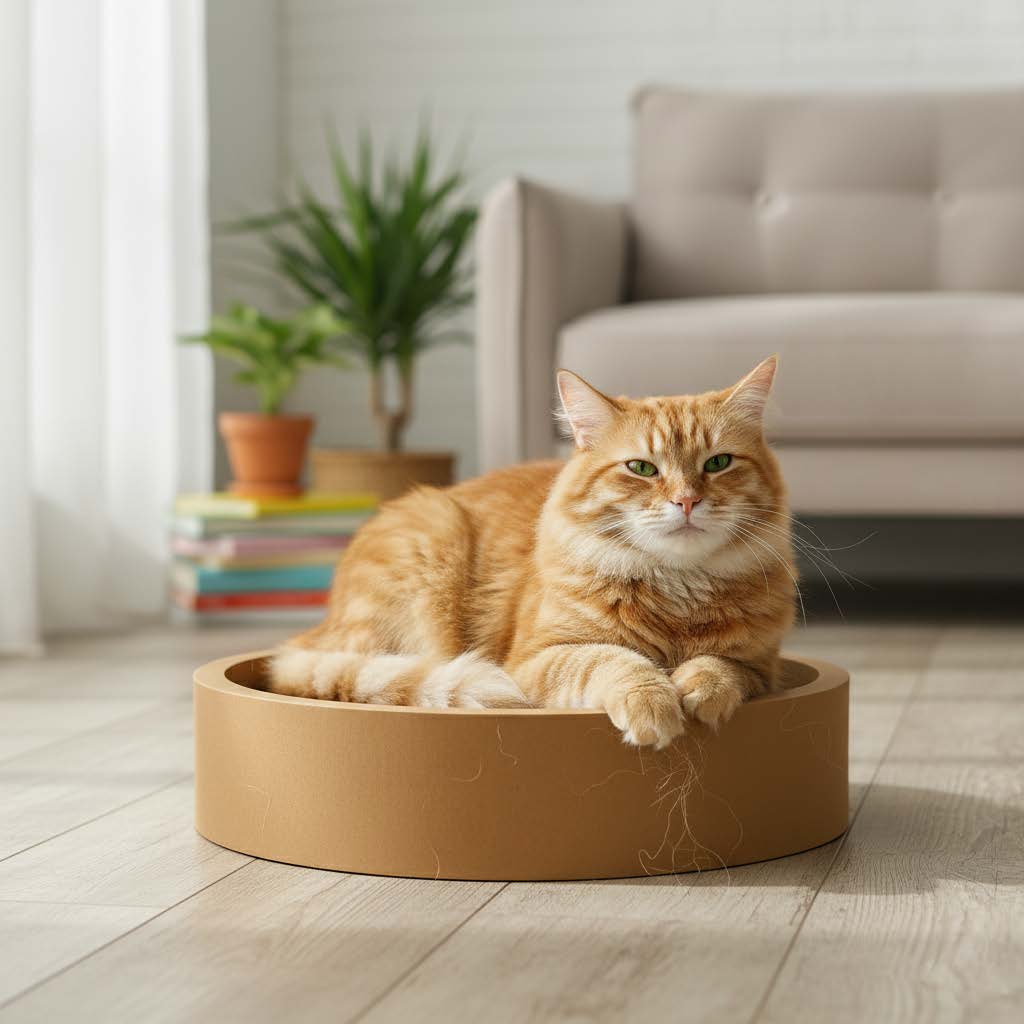 Orange cat lounging on a round cardboard cat bed in a cozy living room.