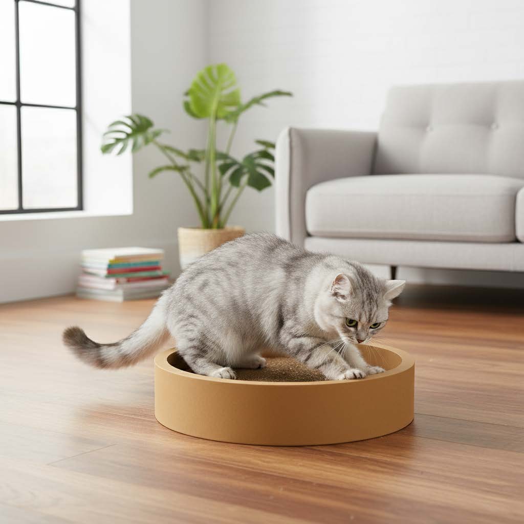Cat playing with a round, elevated pet bed in a modern living room.