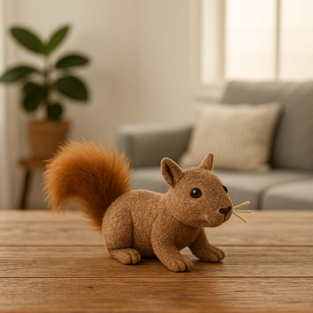 Plush squirrel toy on a wooden table with a blurred living room background