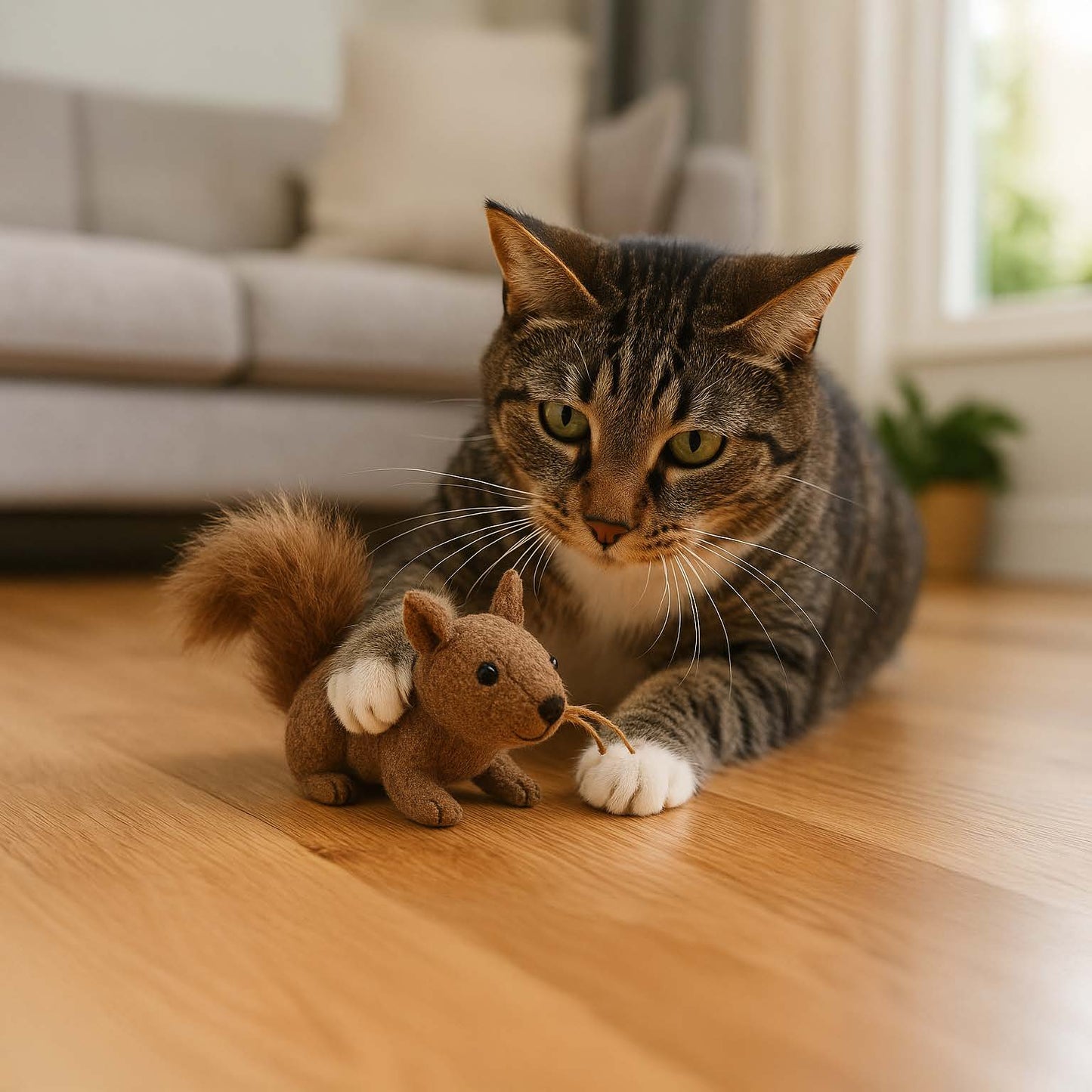 Cat playing with a squirrel toy on a wooden floor in a living room.