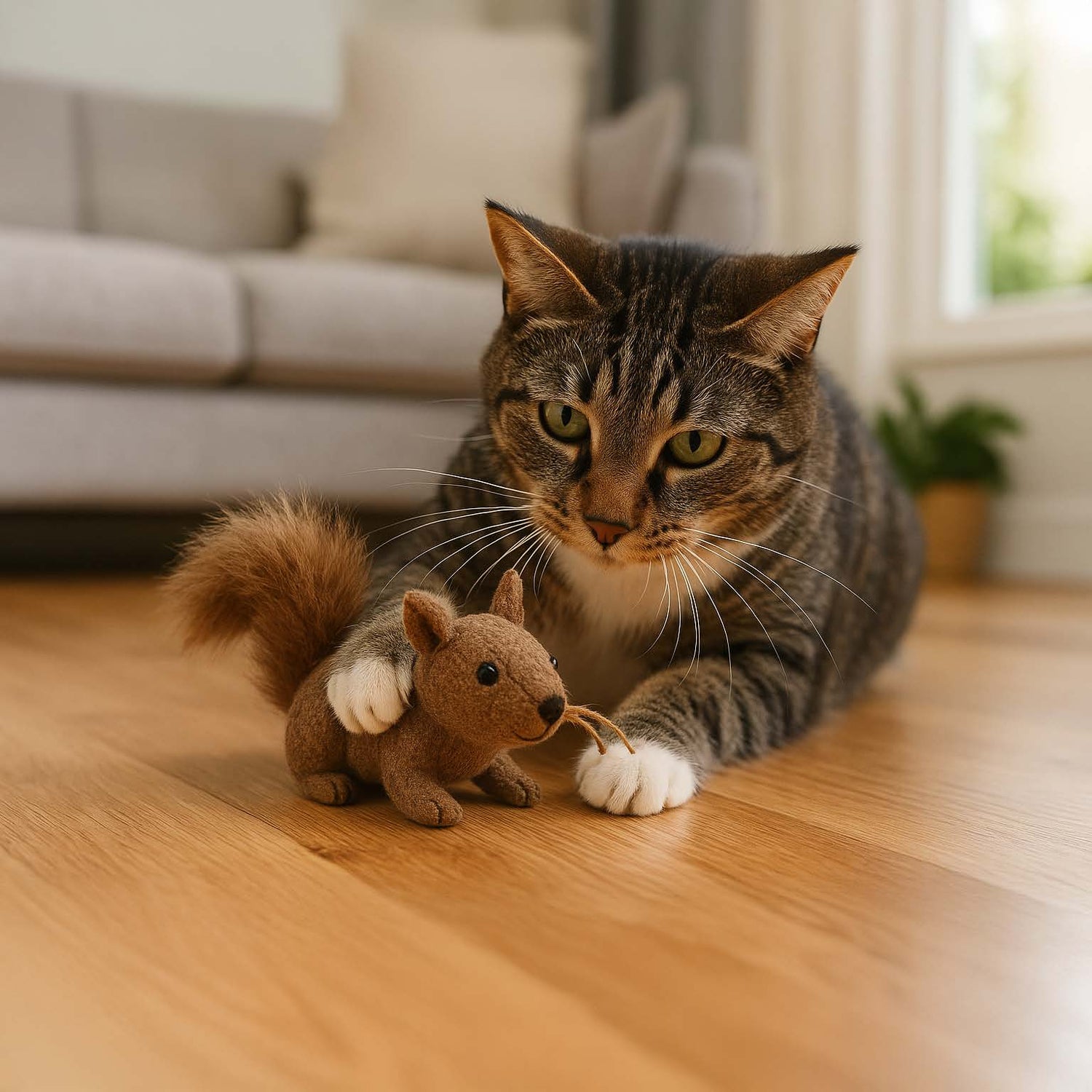 Cat playing with a squirrel toy on a wooden floor in a living room.