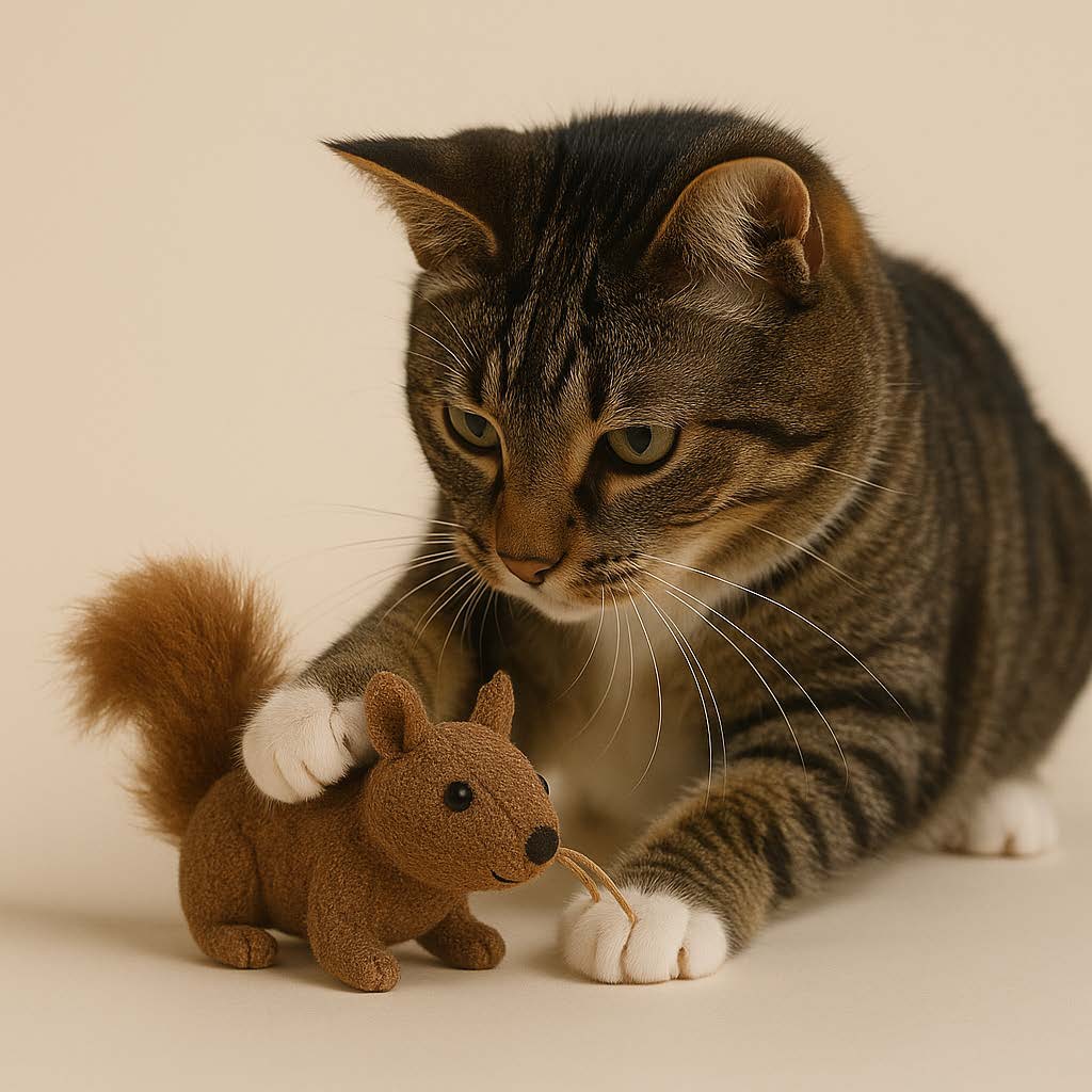 Cat playing with a squirrel-shaped toy on a beige background