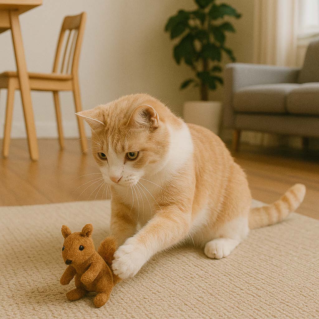 Cat playing with a toy mouse on a carpeted floor in a living room.