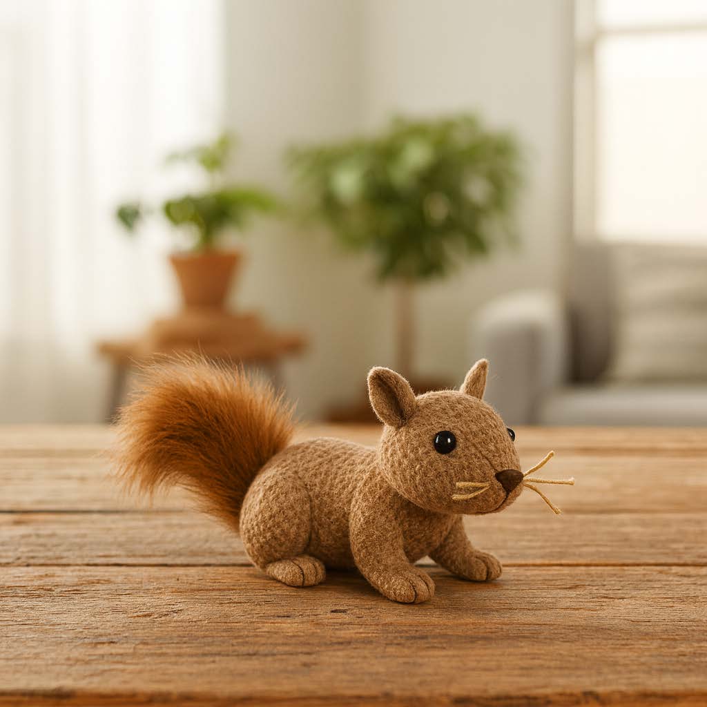 Plush squirrel toy on a wooden table with a blurred indoor background