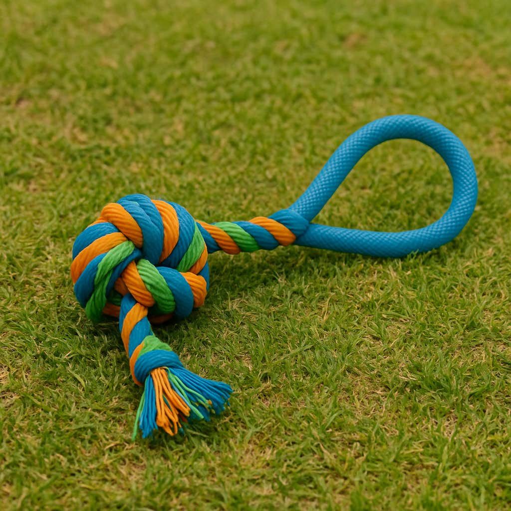 Colorful dog rope toy on grass