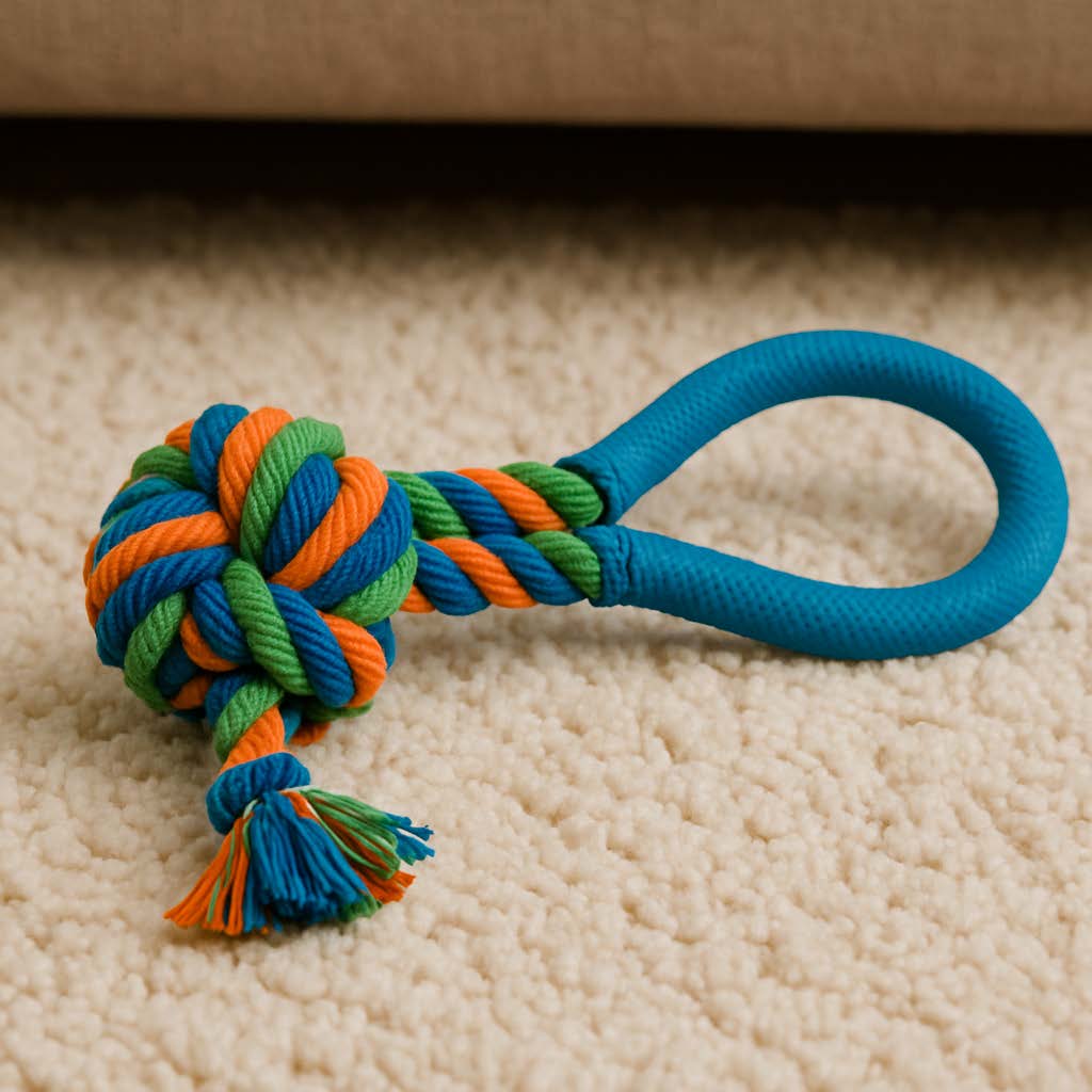 Colorful dog rope toy with a handle on a beige carpet