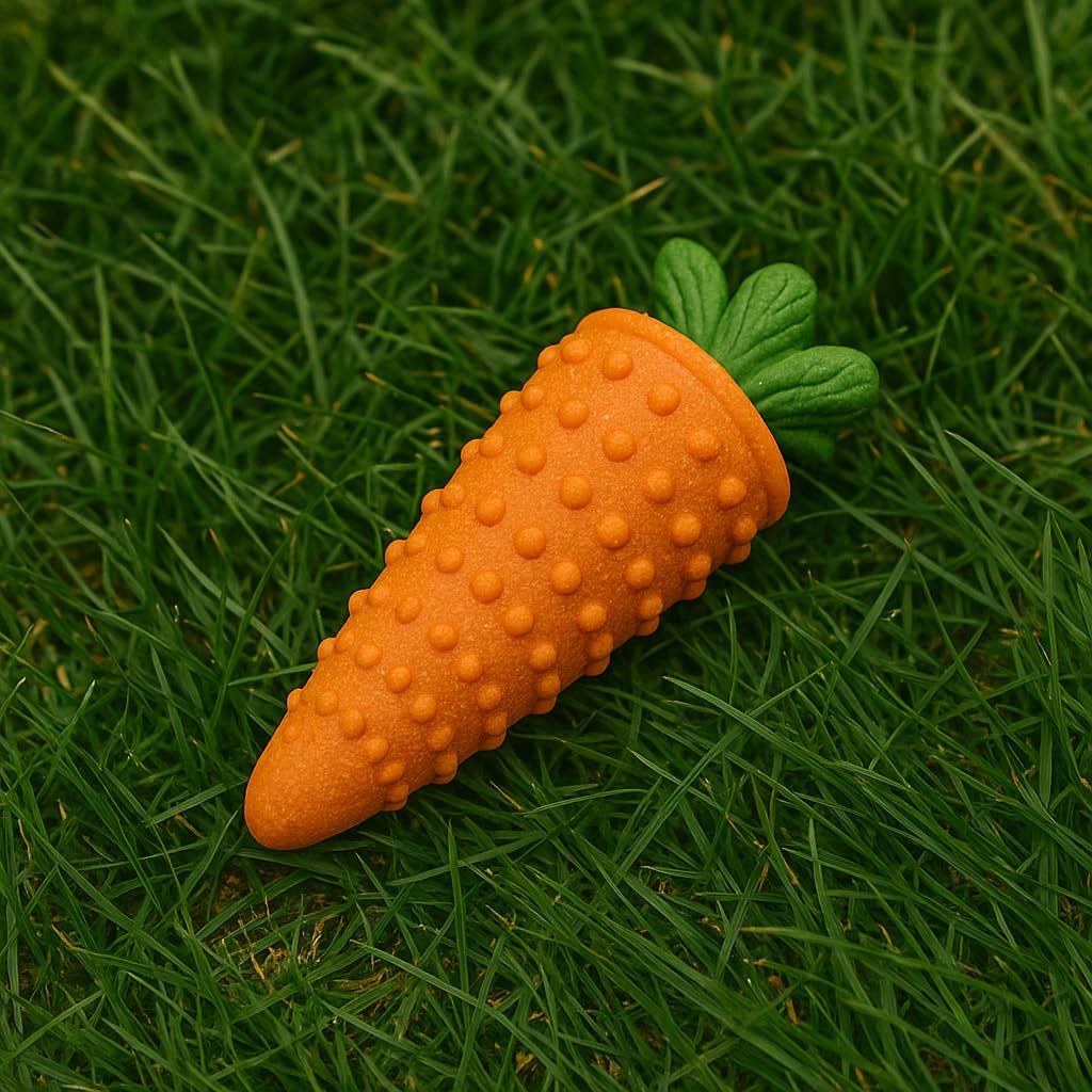 Carrot-shaped dog toy with textured surface on grass