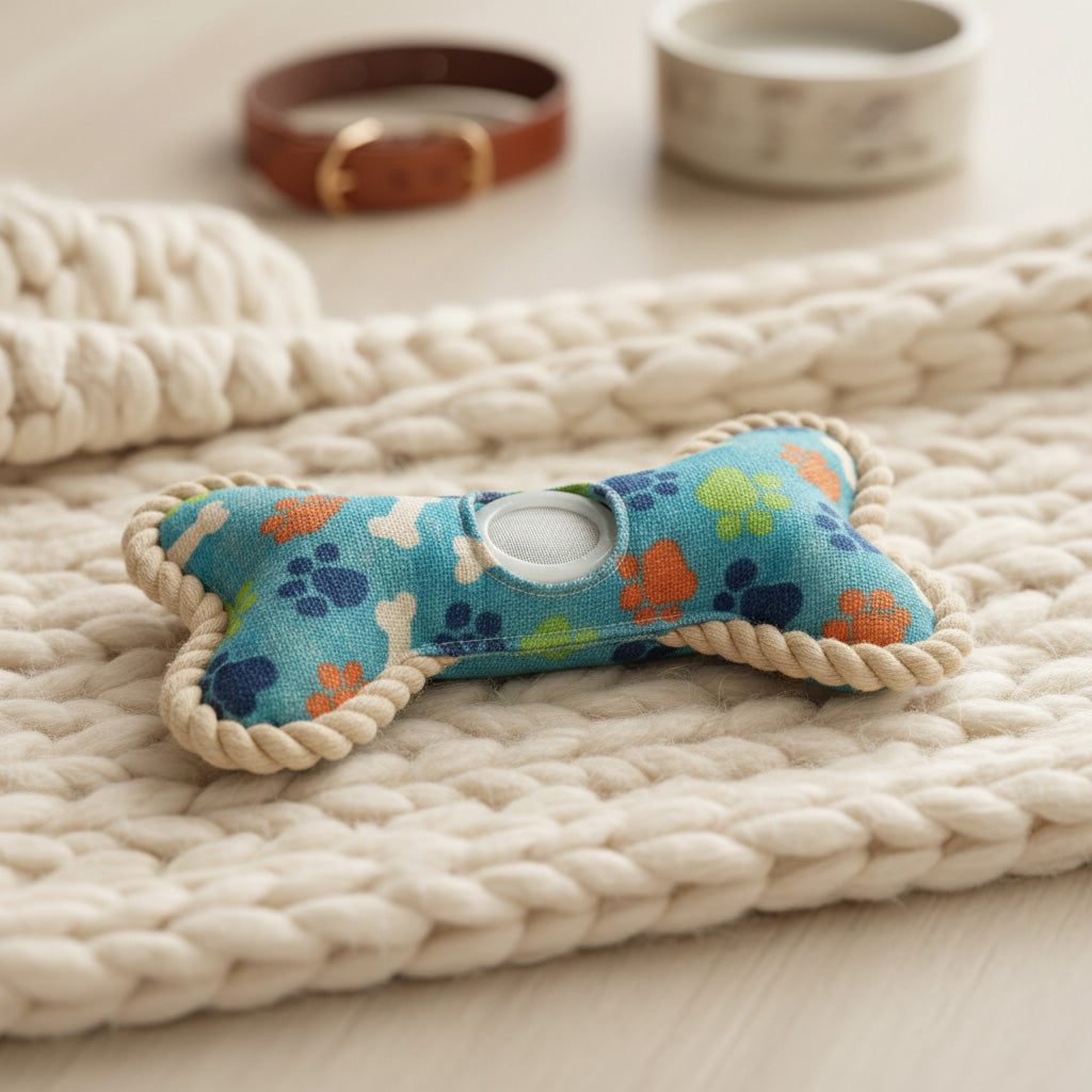 Colorful dog toy with paw prints on a textured blanket