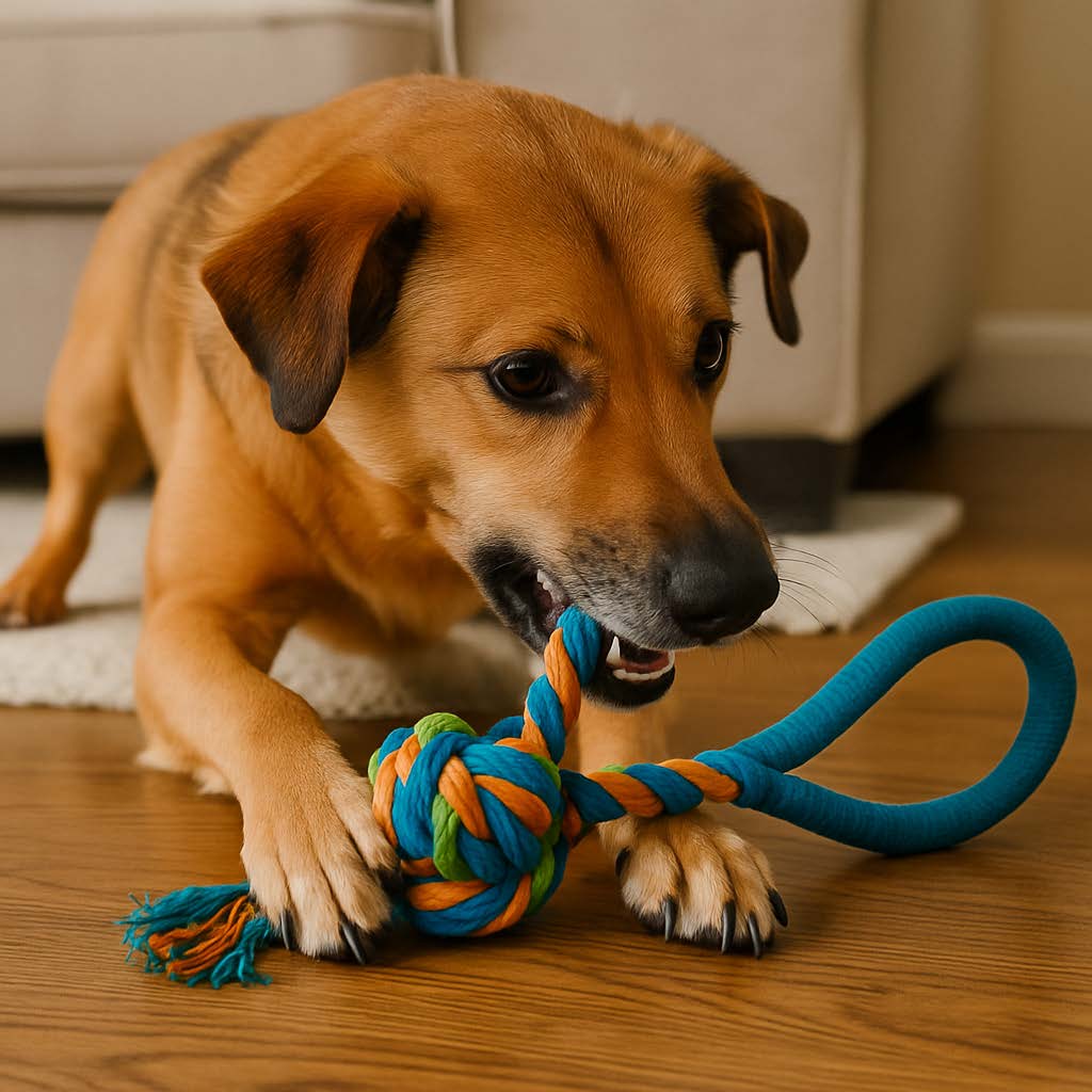 Dog playing with a colorful rope toy on a wooden floor.
