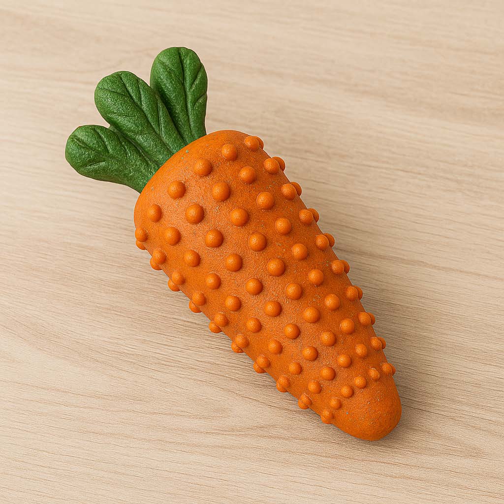 Carrot-shaped toy with textured surface and green leaves on a beige background