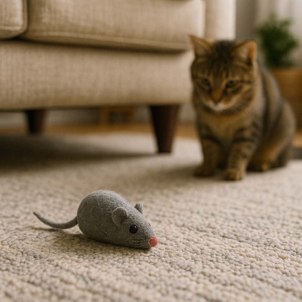 Cat playing with a toy mouse on a carpeted floor.