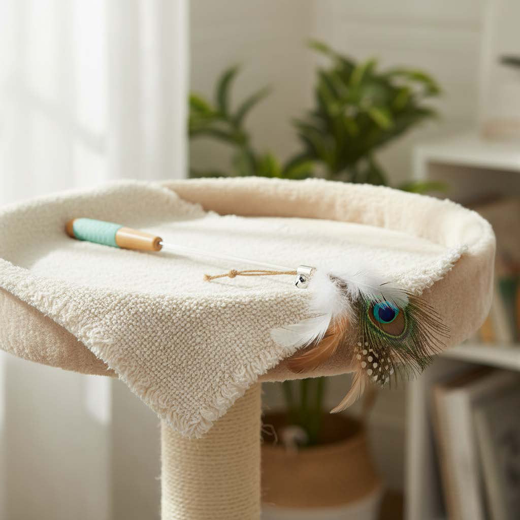 Cat tree with a feather toy on a soft surface, surrounded by plants and furniture.