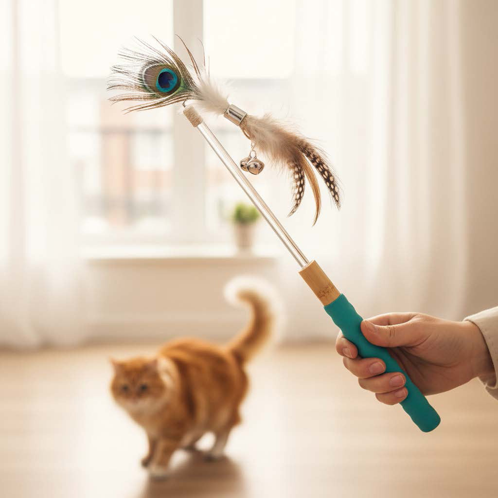 Person holding a cat toy with peacock feathers and a cat playing with it.