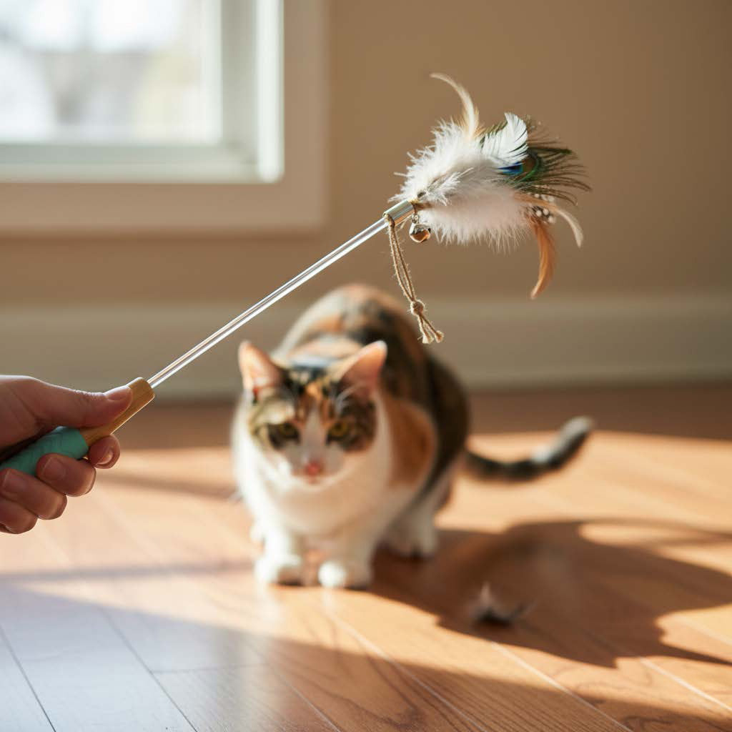 Cat playing with a feather toy on a wooden floor.