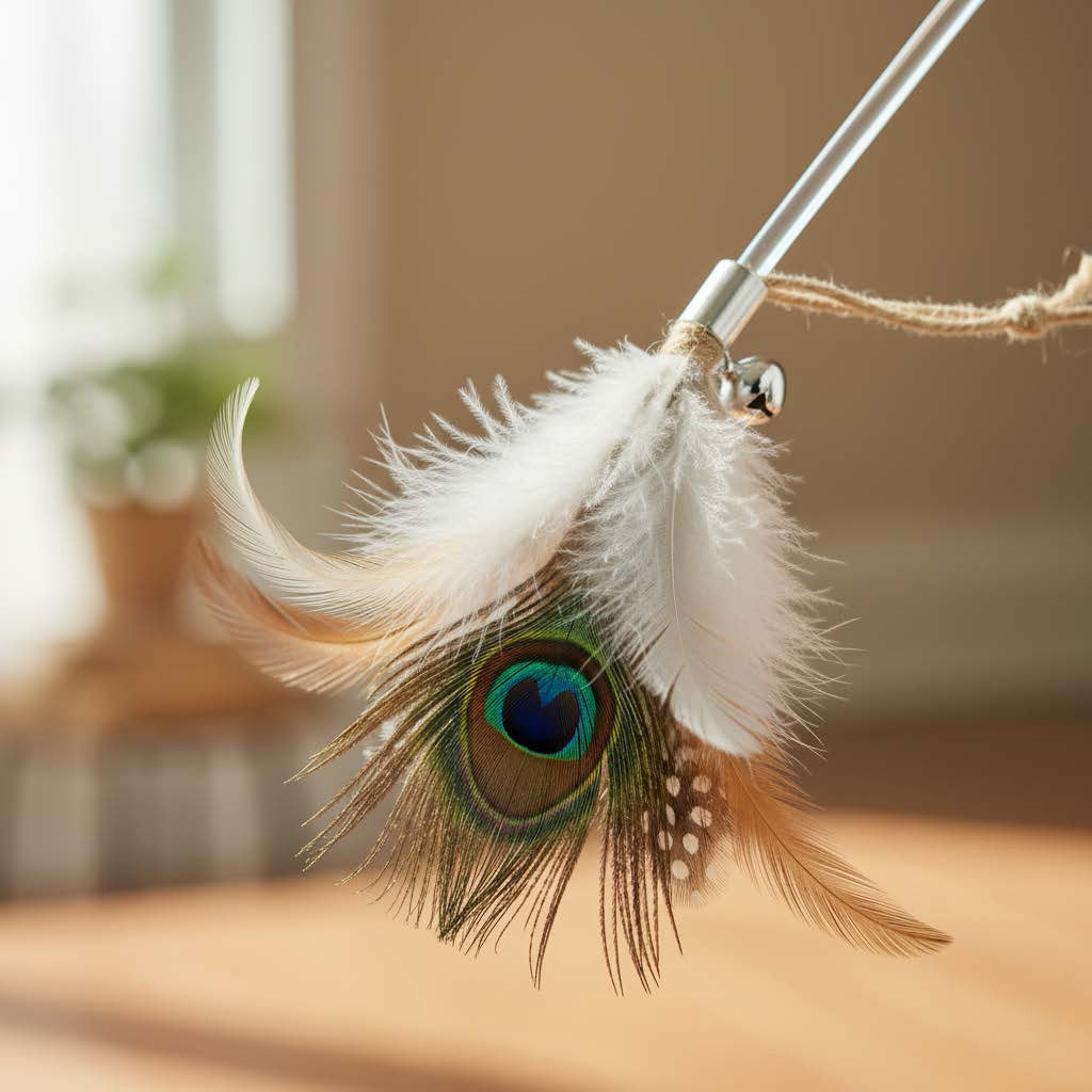 Peacock feather on a string with a blurred indoor background