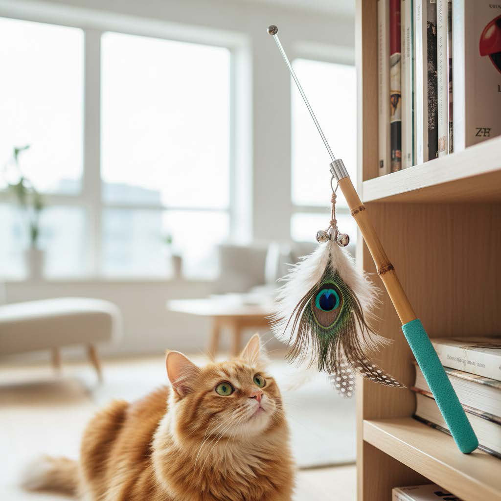 Cat playing with a feather toy on a bookshelf in a bright room.