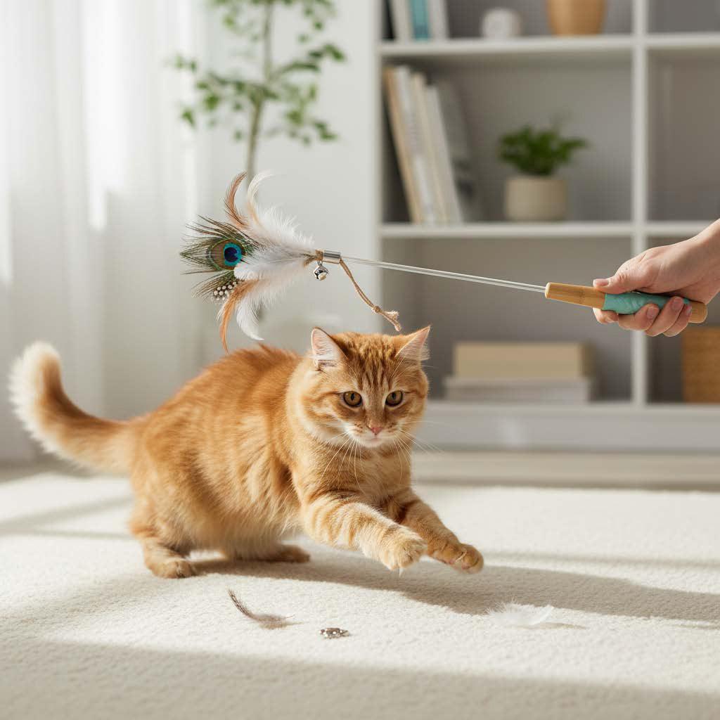 Cat playing with a feather toy held by a person in a home setting