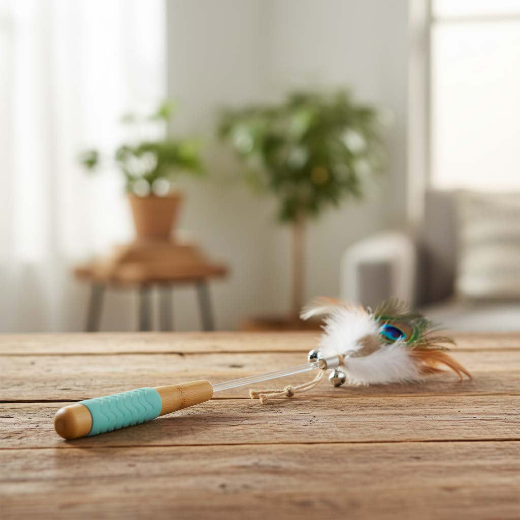 Cat toy with peacock feather on a wooden table in a home setting