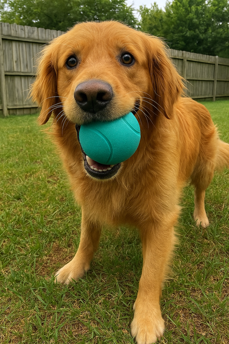 Dog holding a blue ball in its mouth on grass
