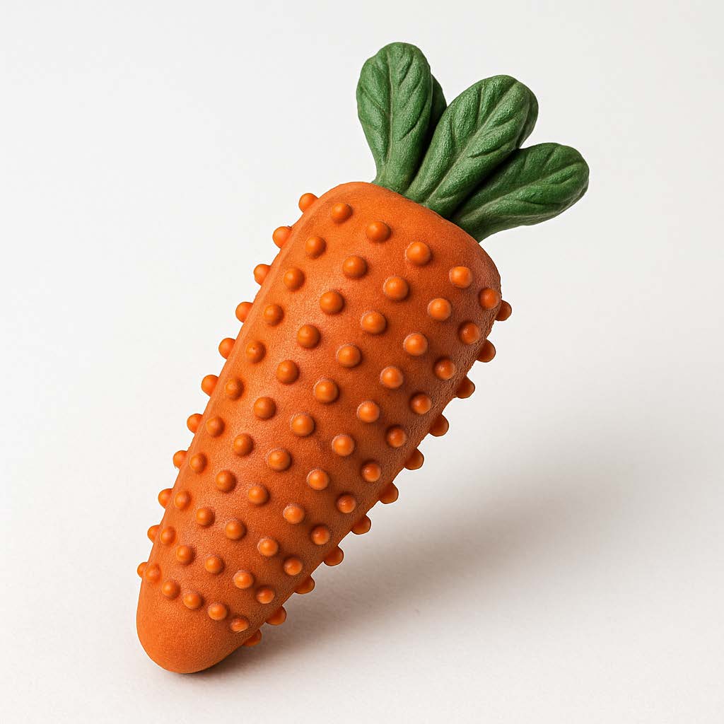 Carrot-shaped toy with textured surface and green leaves on a white background