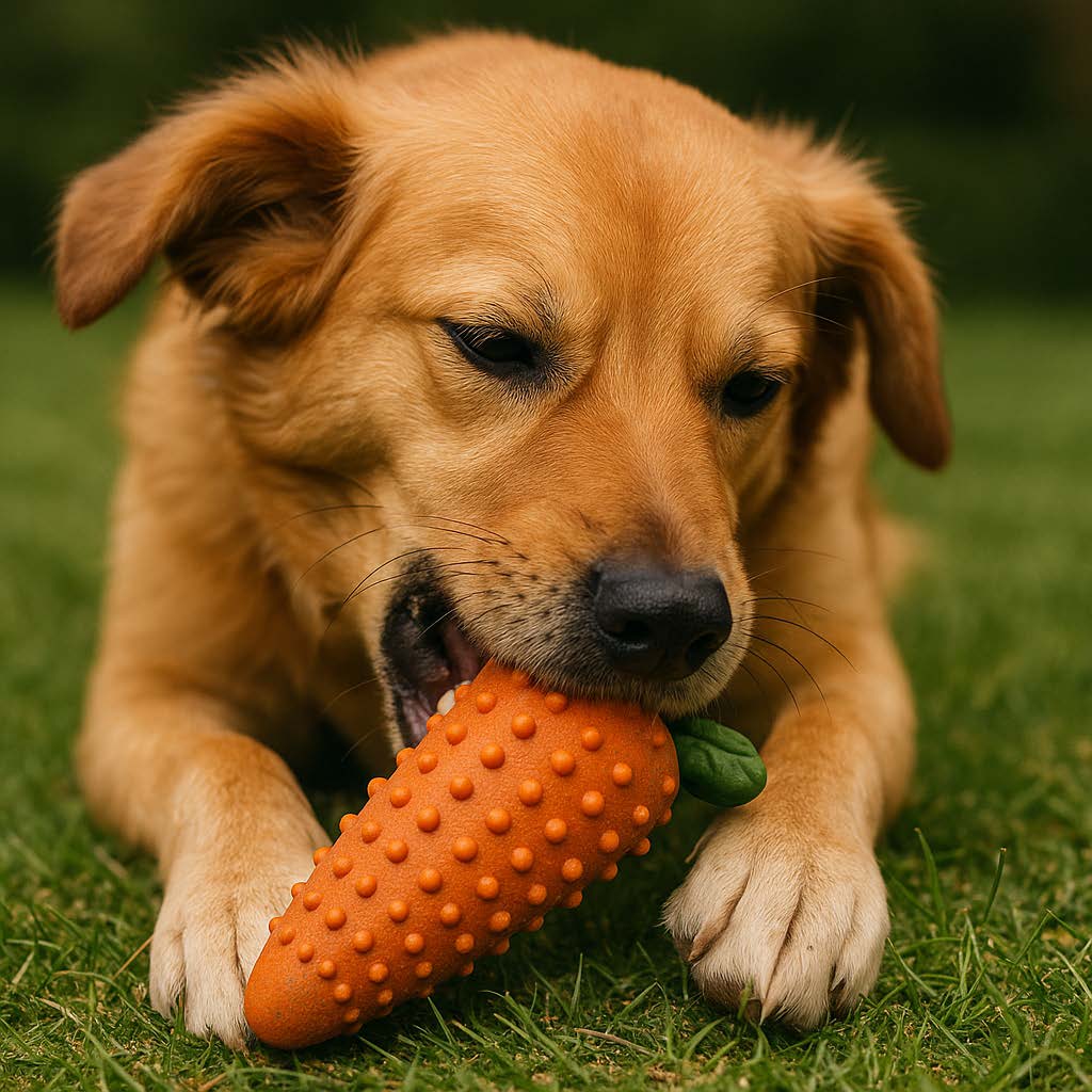 Dog playing with an orange toy on grass