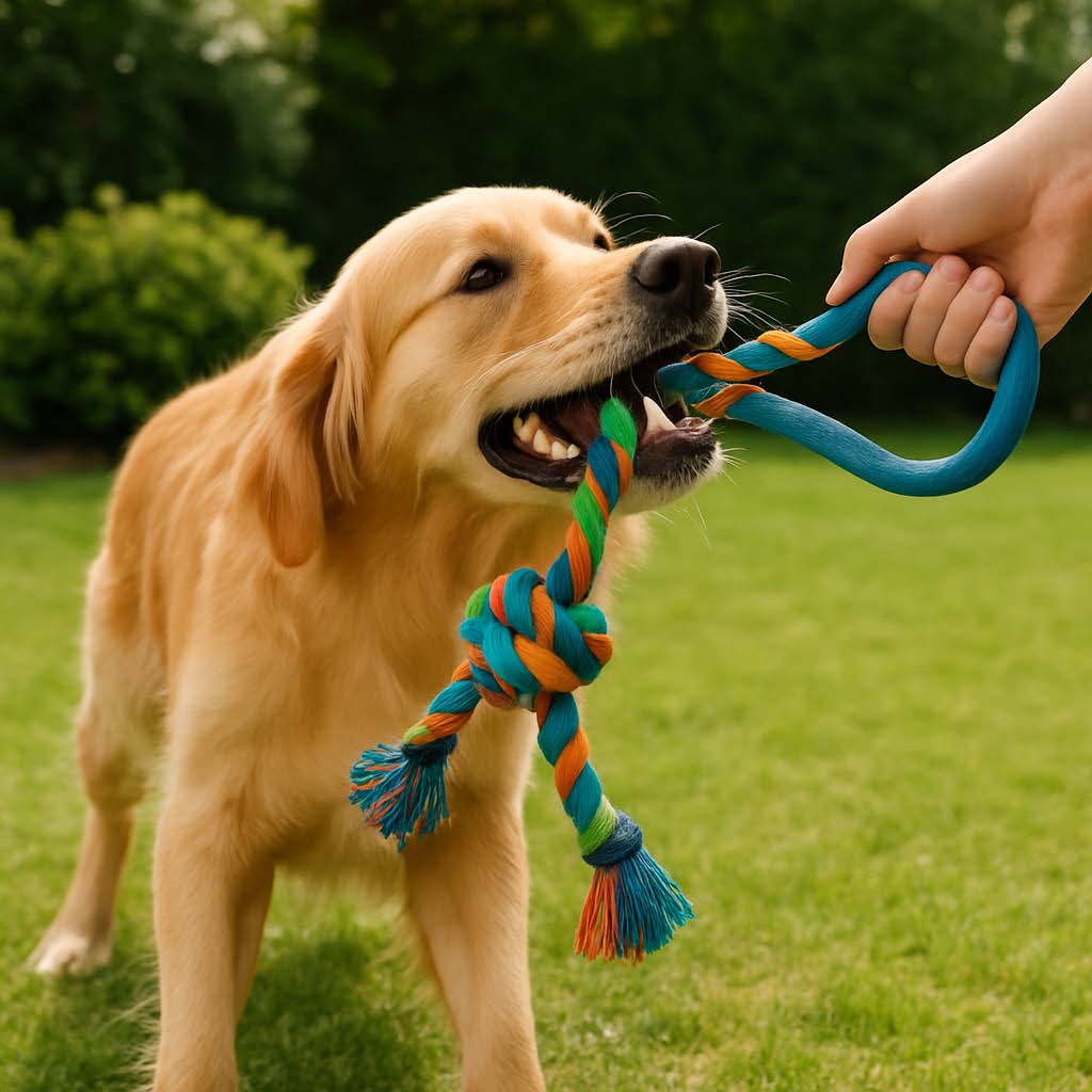 Dog playing with a colorful rope toy on a grassy field