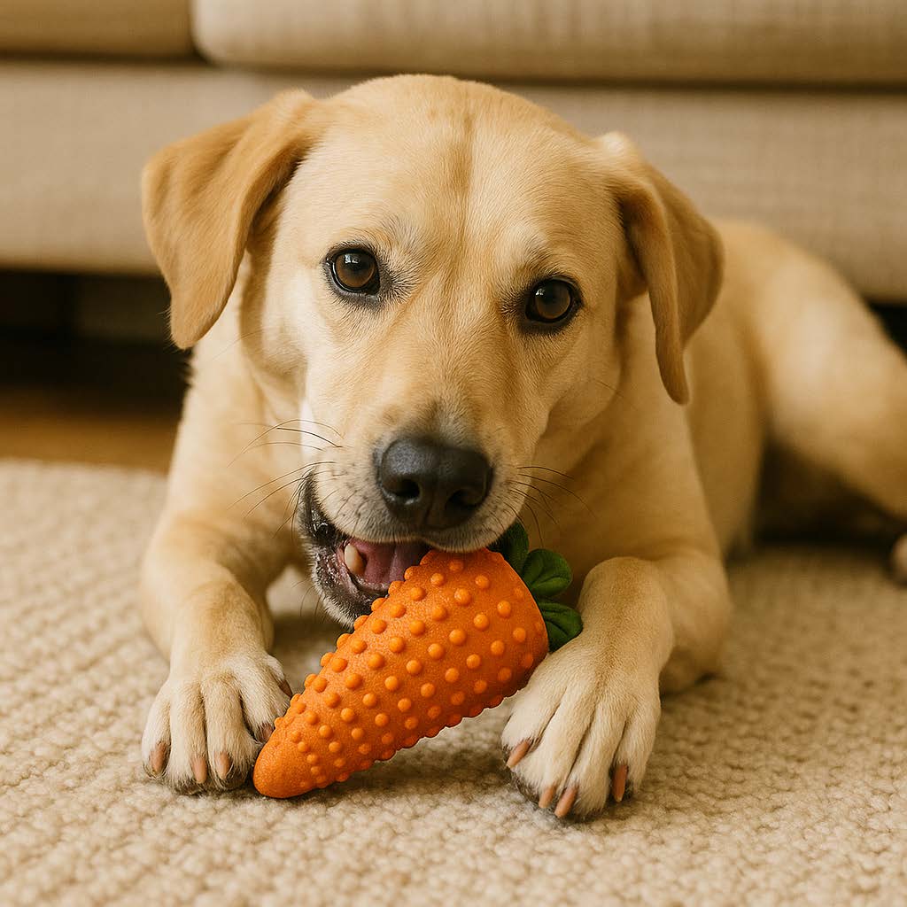Dog playing with a carrot-shaped toy on a carpeted floor.