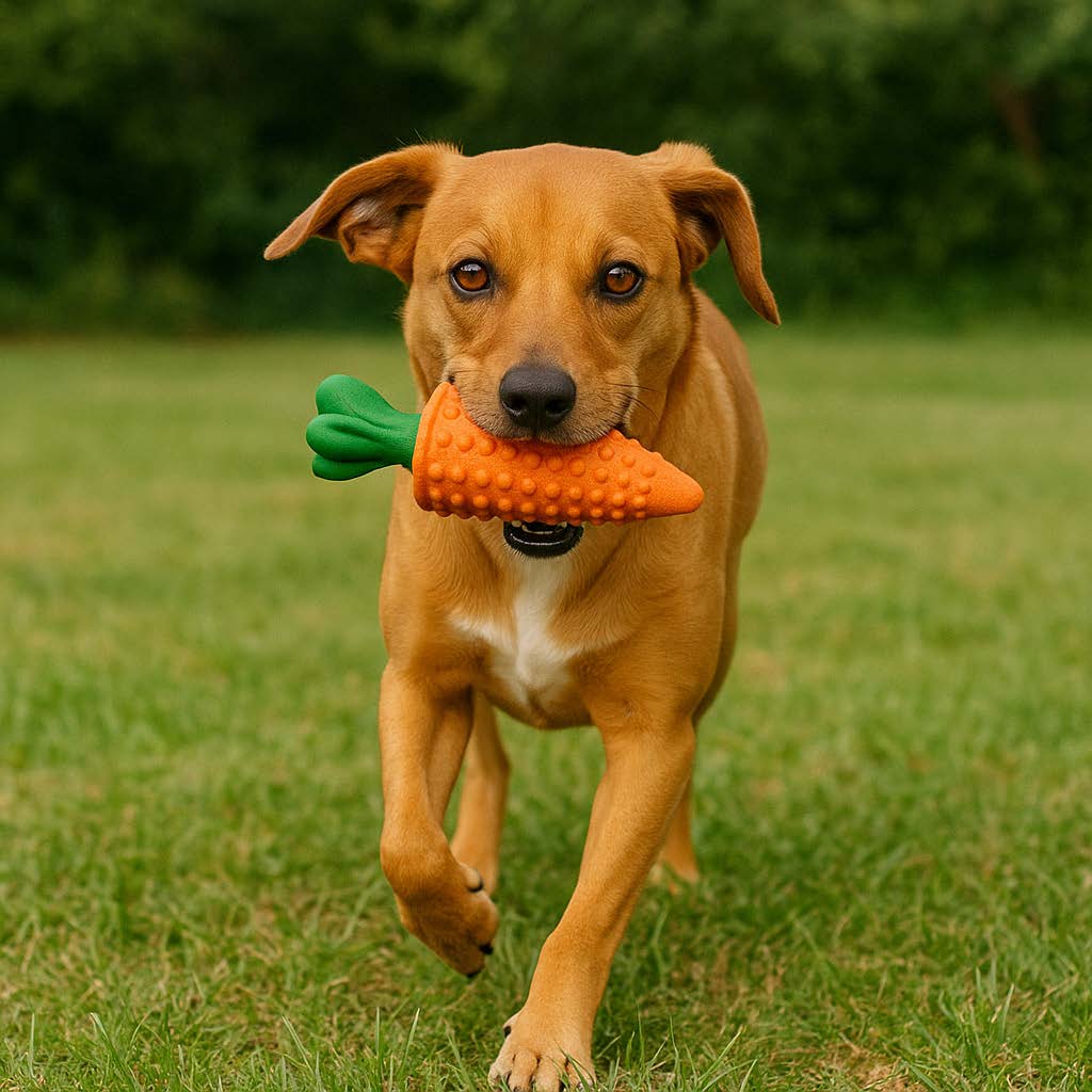 Dog running with a carrot-shaped toy in its mouth on grass