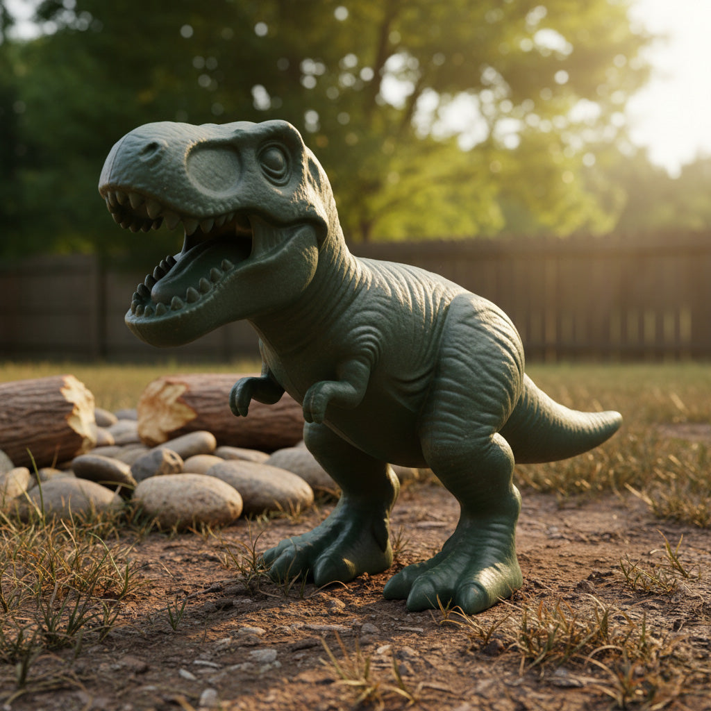 Toy dinosaur standing on a dirt path with trees in the background