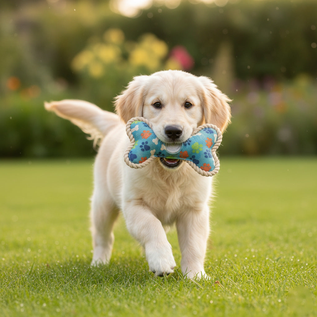 Dog running on grass with a colorful bone-shaped toy in its mouth