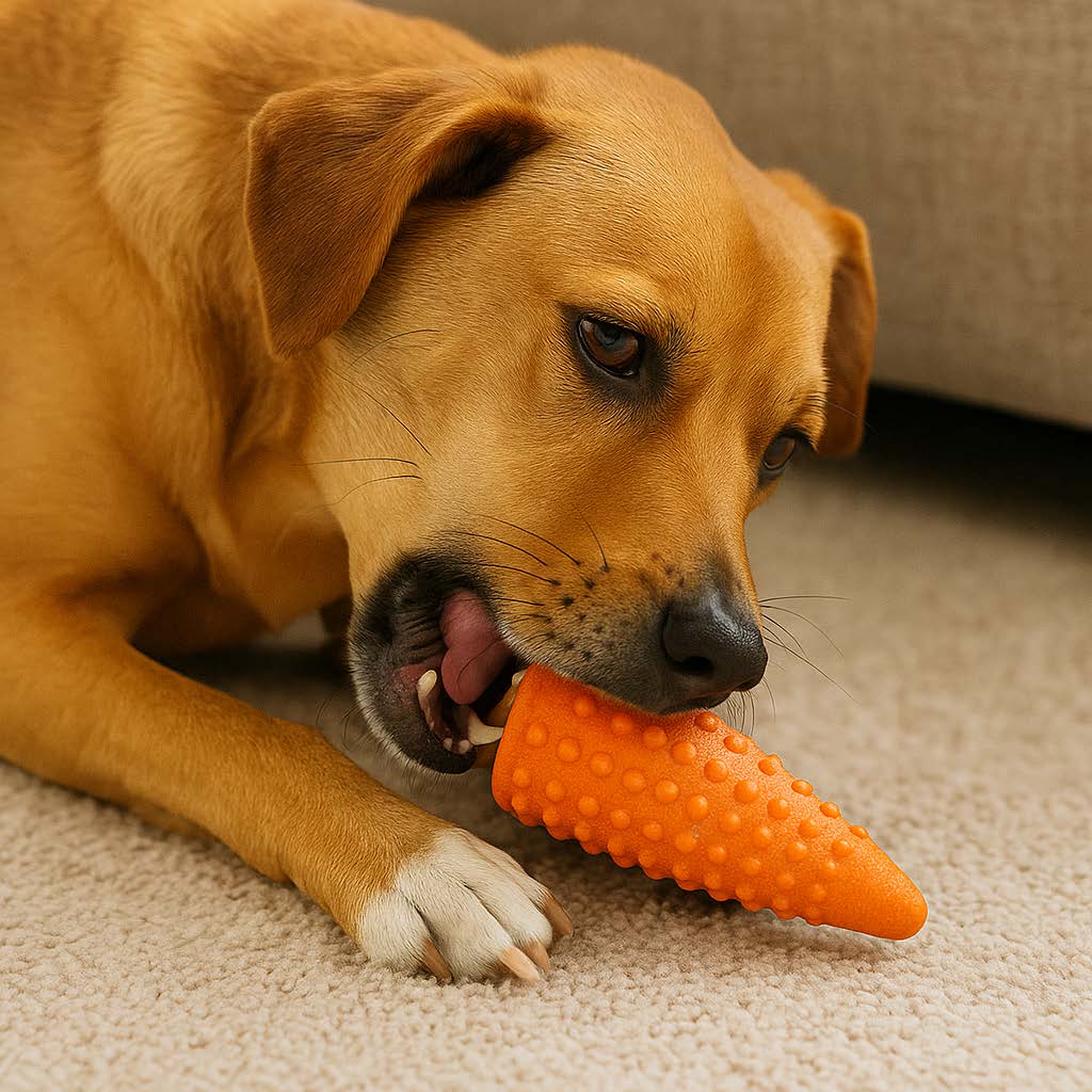 Dog playing with an orange carrot-shaped toy on a carpeted floor.