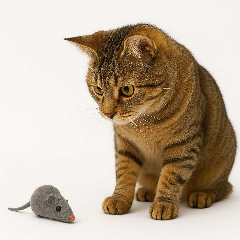 Cat playing with a toy mouse on a white background