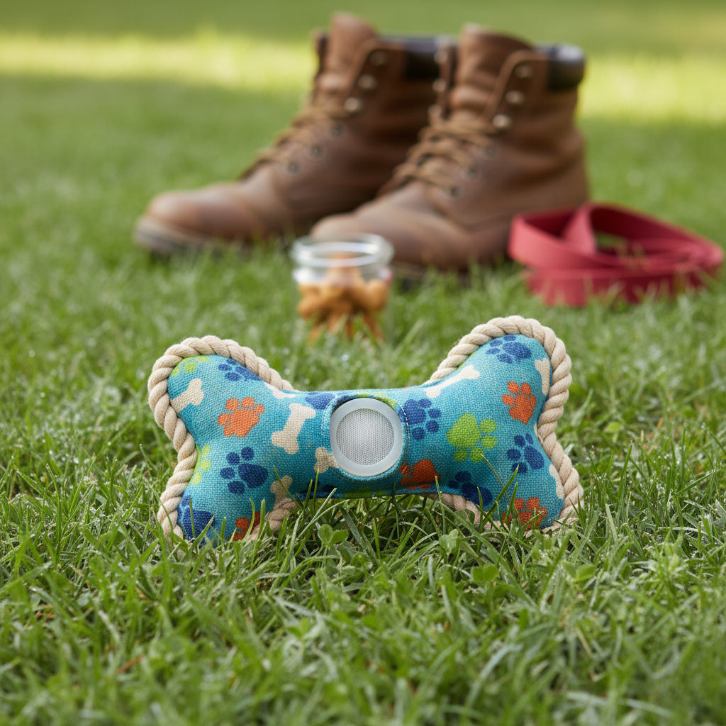 Dog toy shaped like a bone with floral patterns on grass, with boots and treats in the background.
