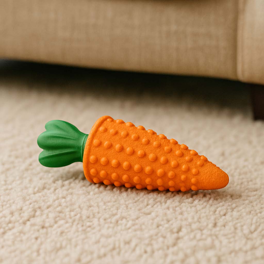 Carrot-shaped dog toy with a textured surface on a carpeted floor