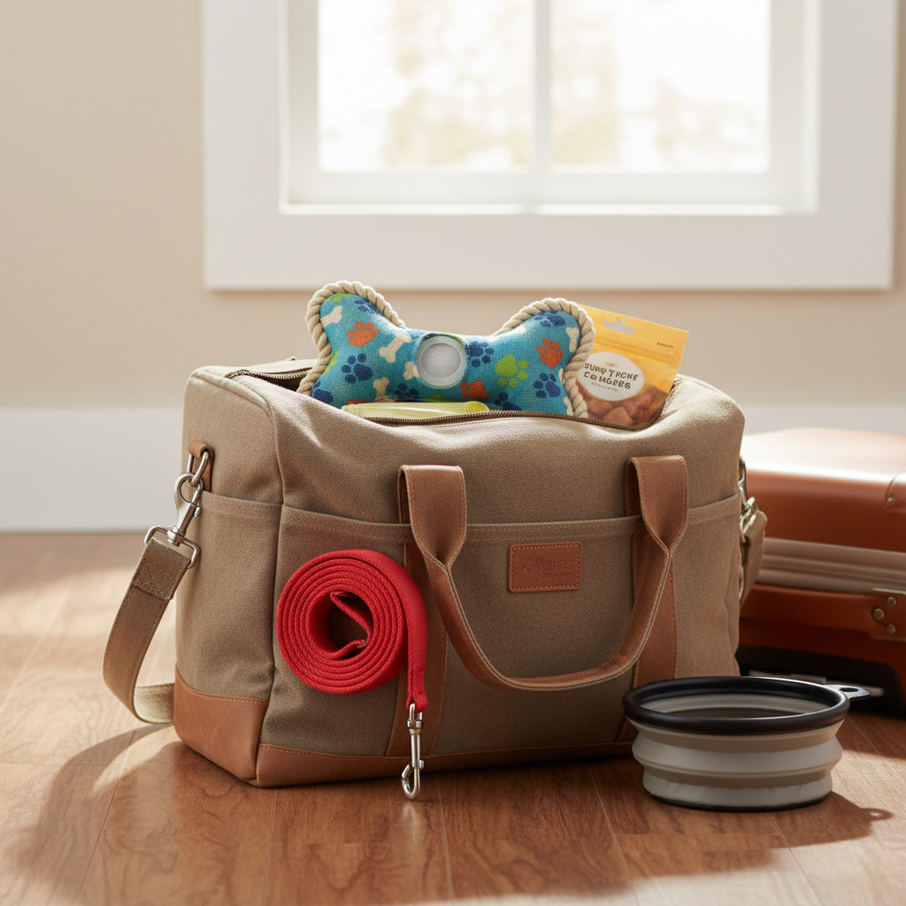 Pet travel bag with accessories on a wooden floor