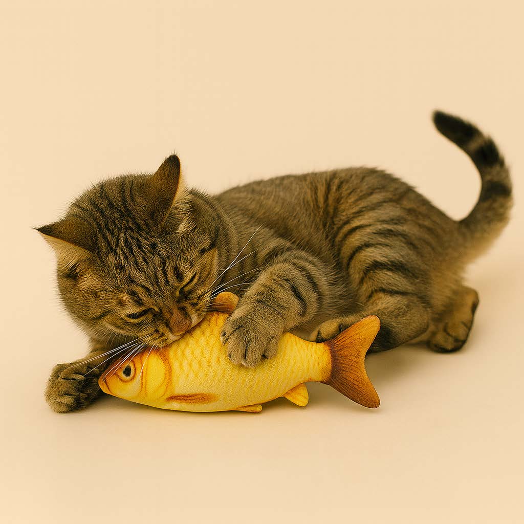 Cat playing with a yellow fish-shaped toy on a beige background